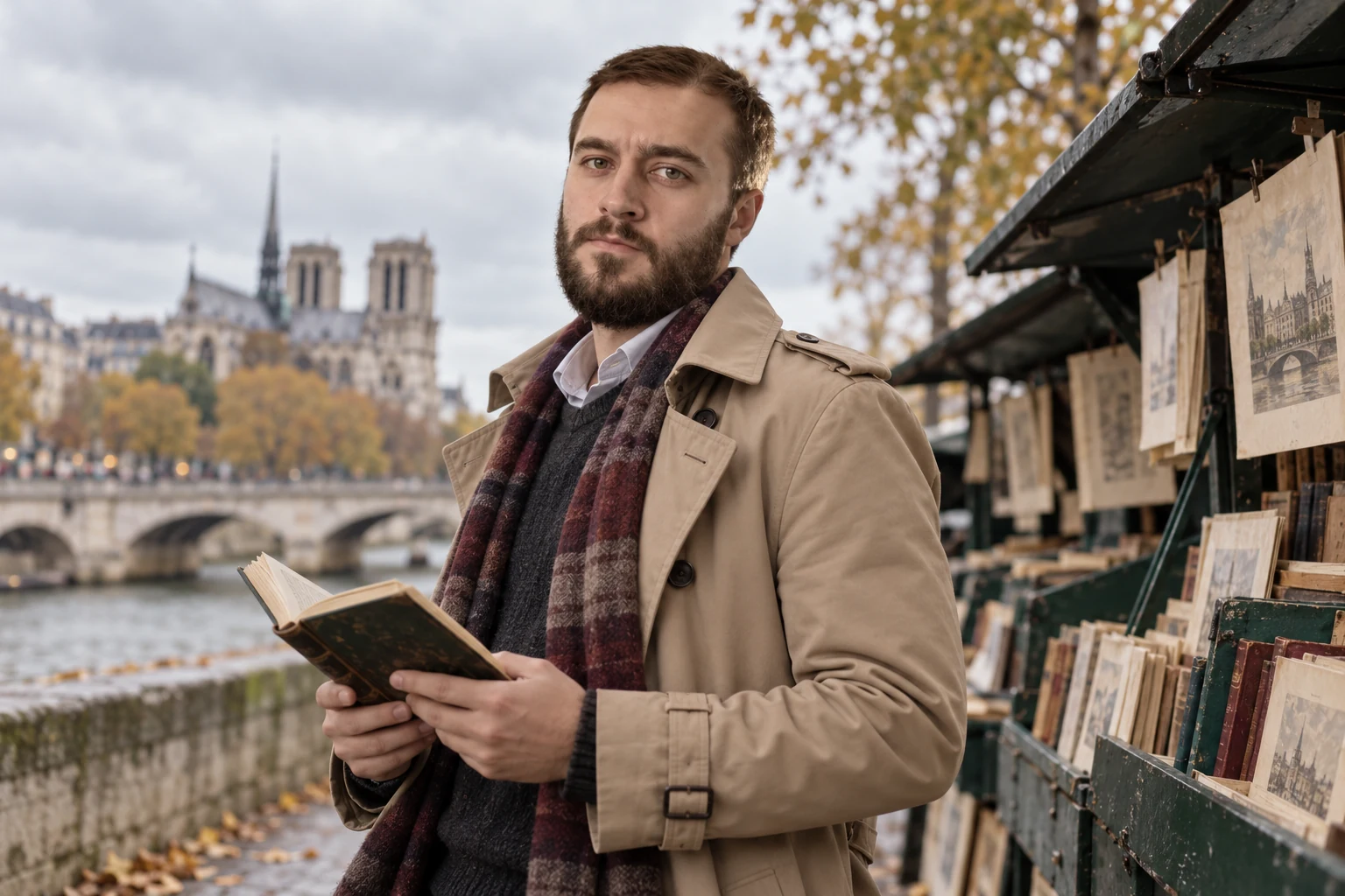 Евгений Зайферт на набережной Сены с книгой у книжных прилавков — AI-иллюстрация к художественной истории