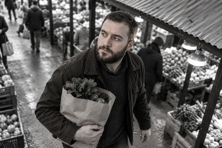 Евгений Зайферт под металлической крышей крытого рынка — AI-иллюстрация к художественной истории